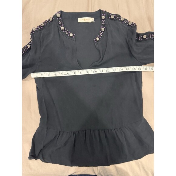 Tory Burch Mezair Embellished 100% Silk Blouse Old Money Black Size 2 Ruffles - Picture 6 of 6